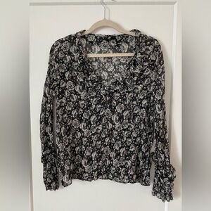 Paige Robin Blouse, Black Floral Opulent Rose Print, 100% Silk, Size XL